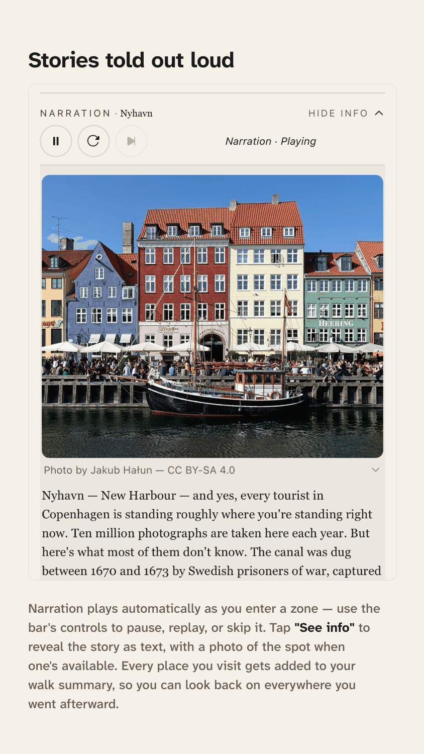 Narration playing automatically at Nyhavn, with the story shown as text and a photo