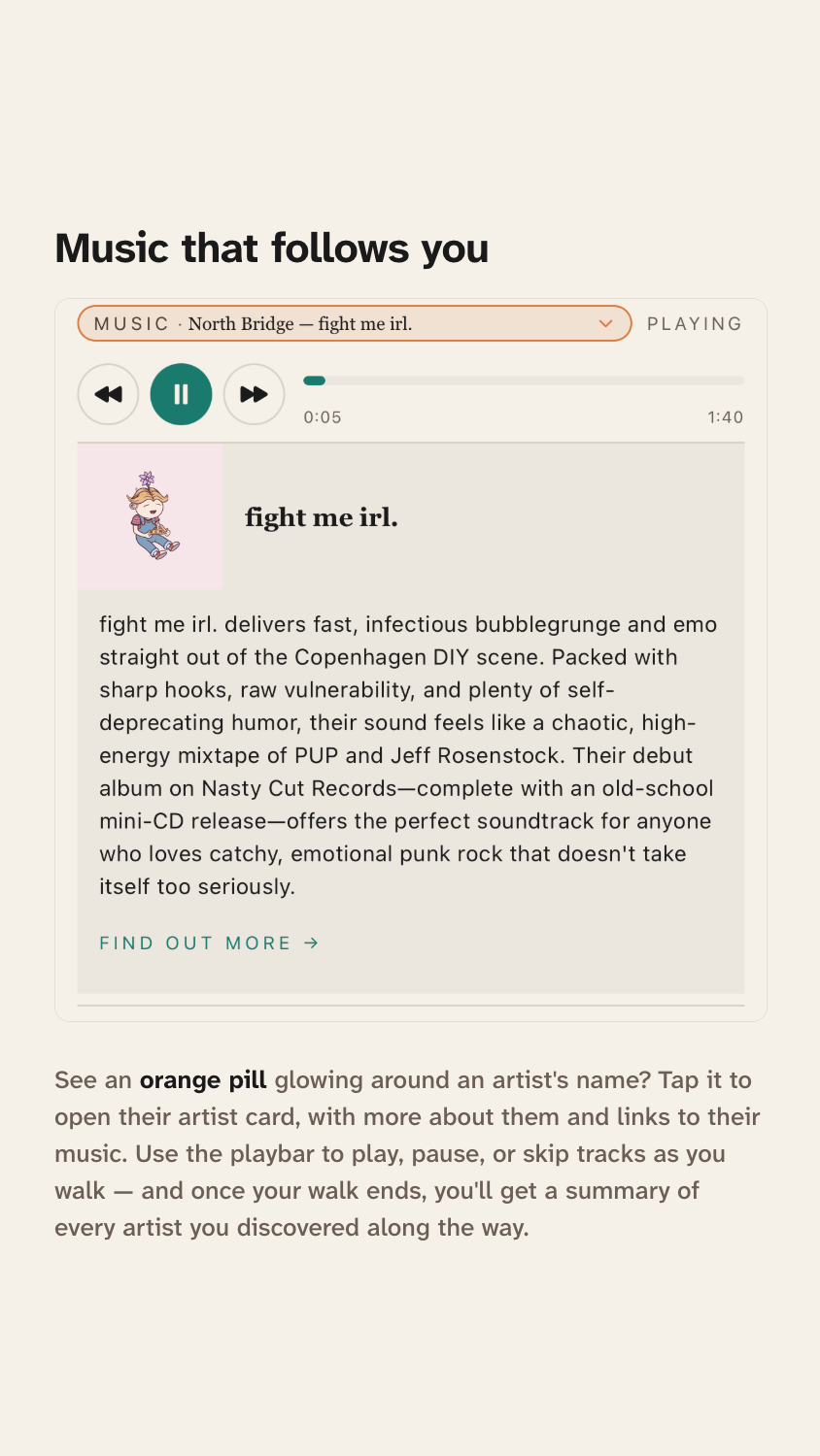 The music player between stories, with an artist card for a Copenhagen band